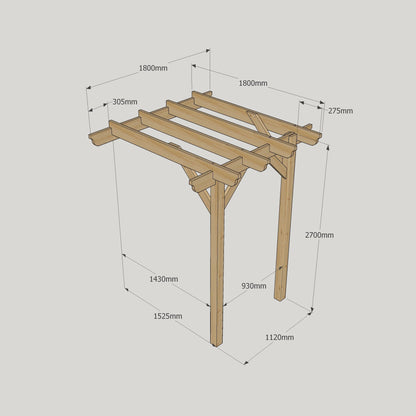 Wall Mounted Garden Pergola - Rustic Brown - 1.8m Depth x 1.8m Length