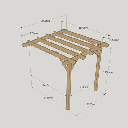 Wall Mounted Garden Pergola - Rustic Brown - 1.8m Depth x 3m Length
