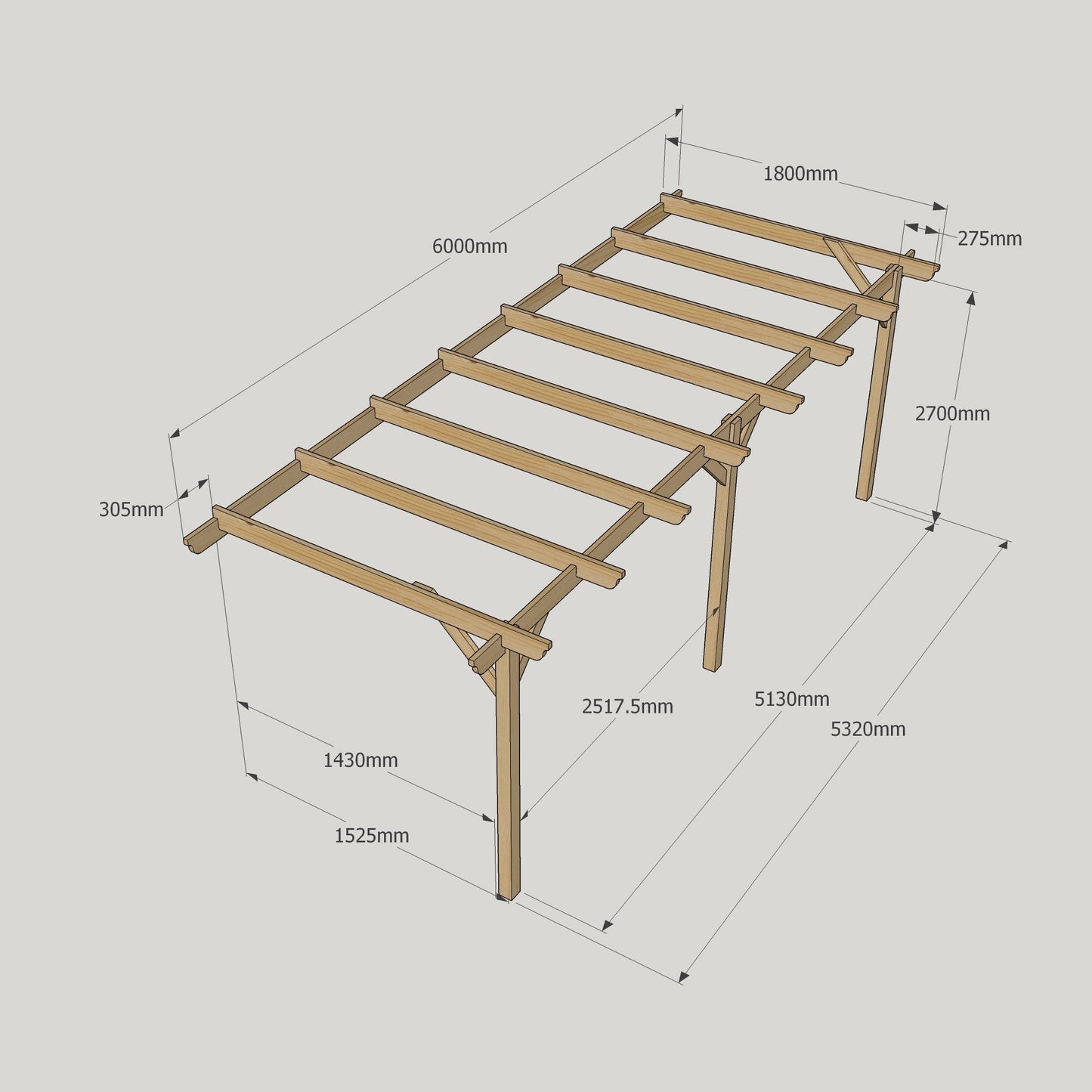 Wall Mounted Garden Pergola - Rustic Brown - 1.8m Depth x 6m Length