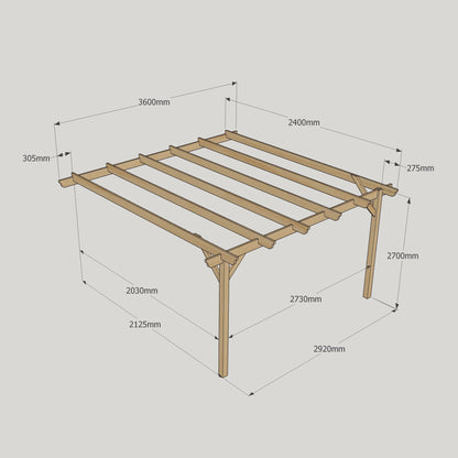 Wall Mounted Garden Pergola - Rustic Brown - 2.4m Depth x 3.6m Length