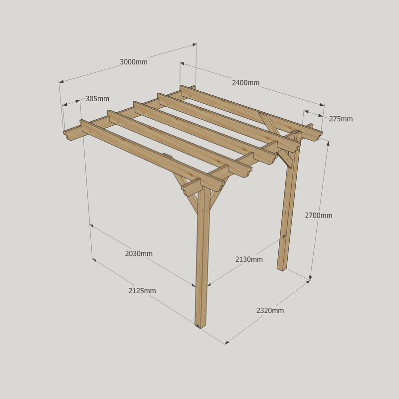 Wall Mounted Garden Pergola - Rustic Brown - 2.4m Depth x 3m Length