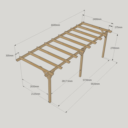 Wall Mounted Garden Pergola - Rustic Brown - 2.4m Depth x 6.6m Length