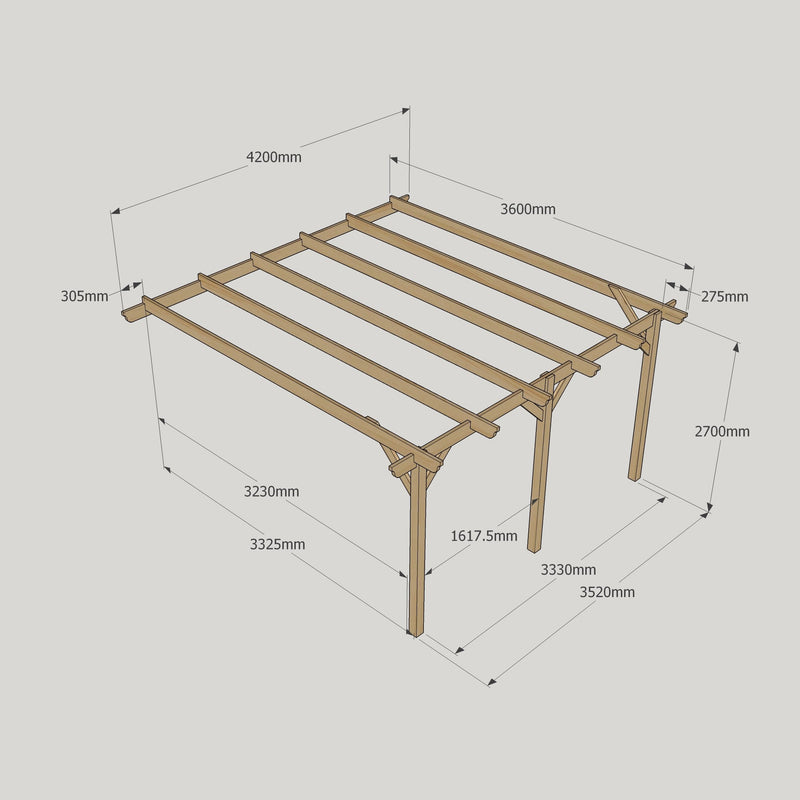 Wall Mounted Garden Pergola - Rustic Brown - 3.6m Depth x 4.2m Length