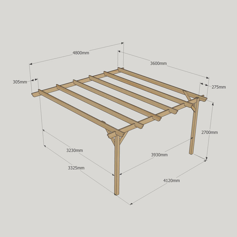 Wall Mounted Garden Pergola - Rustic Brown - 3.6m Depth x 4.8m Length