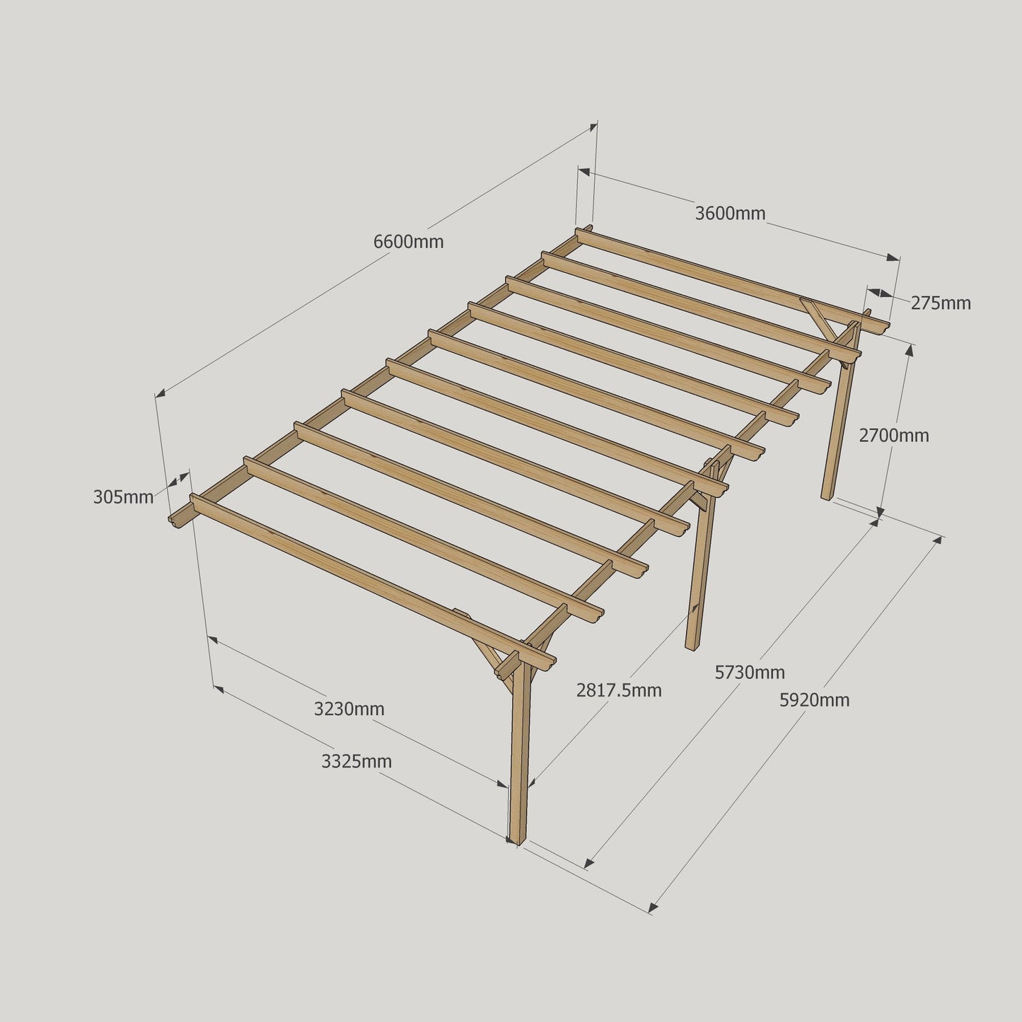 Wall Mounted Garden Pergola - Rustic Brown - 3.6m Depth x 6.6m Length