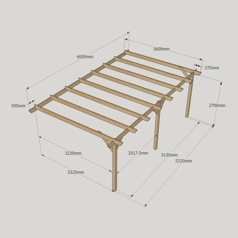 Wall Mounted Garden Pergola - Rustic Brown - 3.6m Depth x 6m Length