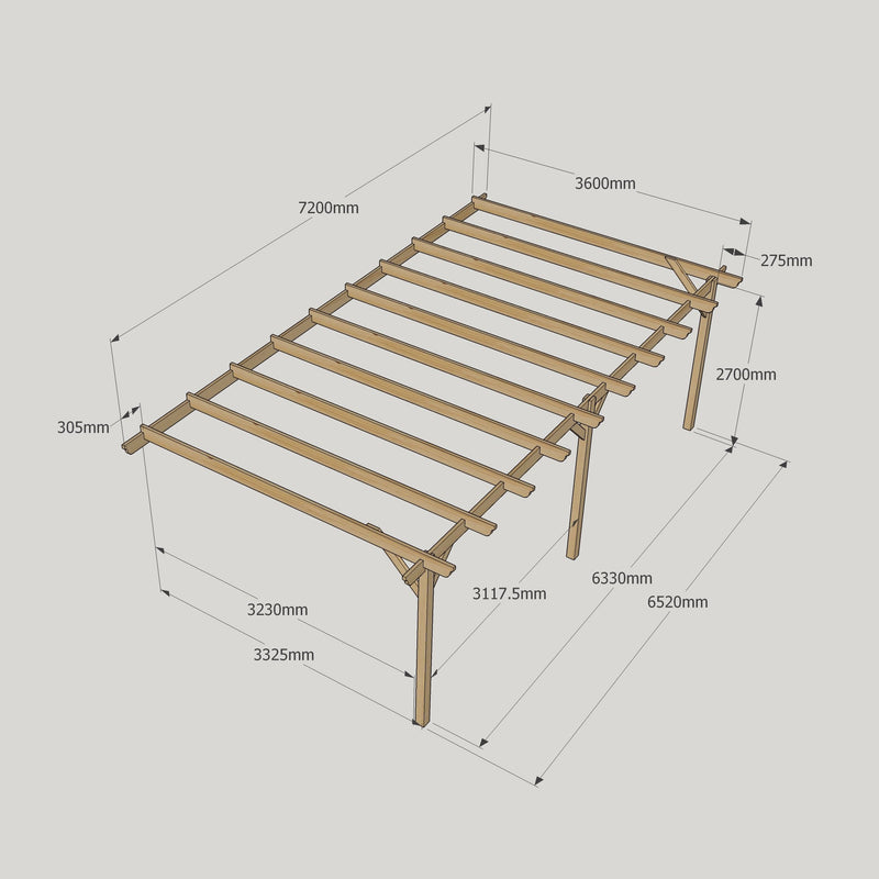 Wall Mounted Garden Pergola - Rustic Brown - 3.6m Depth x 7.2m Length