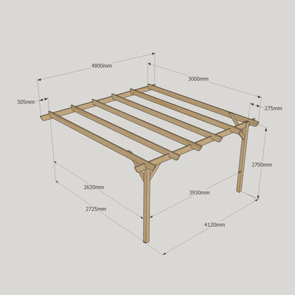 Wall Mounted Garden Pergola - Rustic Brown - 3m Depth x 4.8m Length