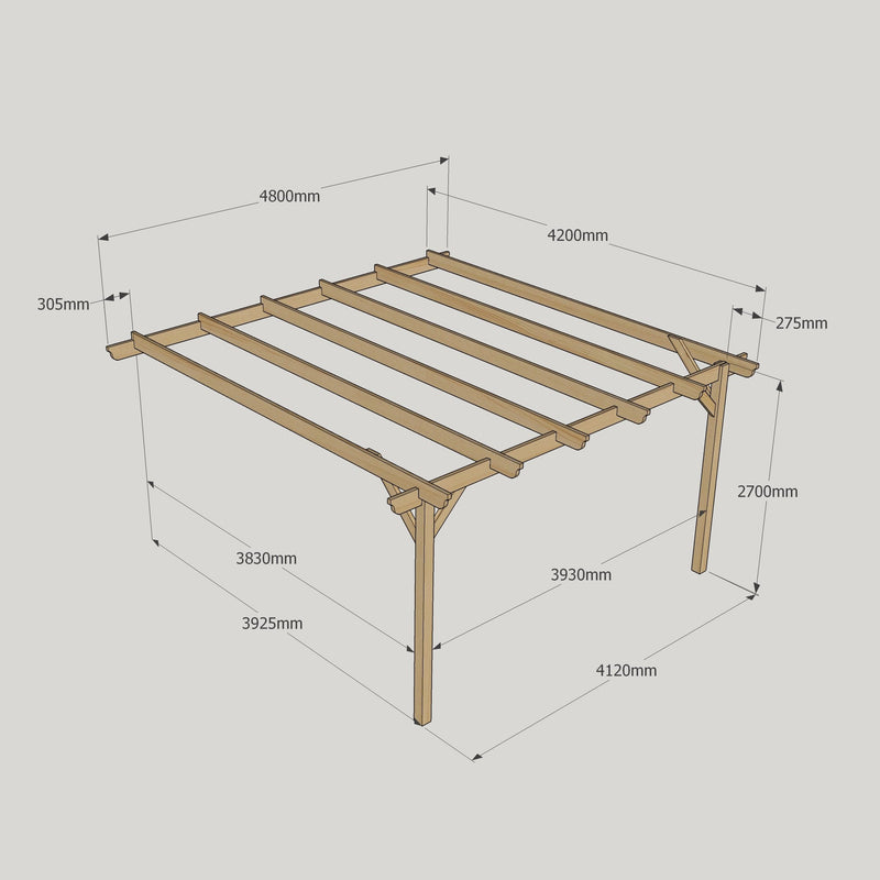 Wall Mounted Garden Pergola - Rustic Brown - 4.2m Depth x 4.8m Length