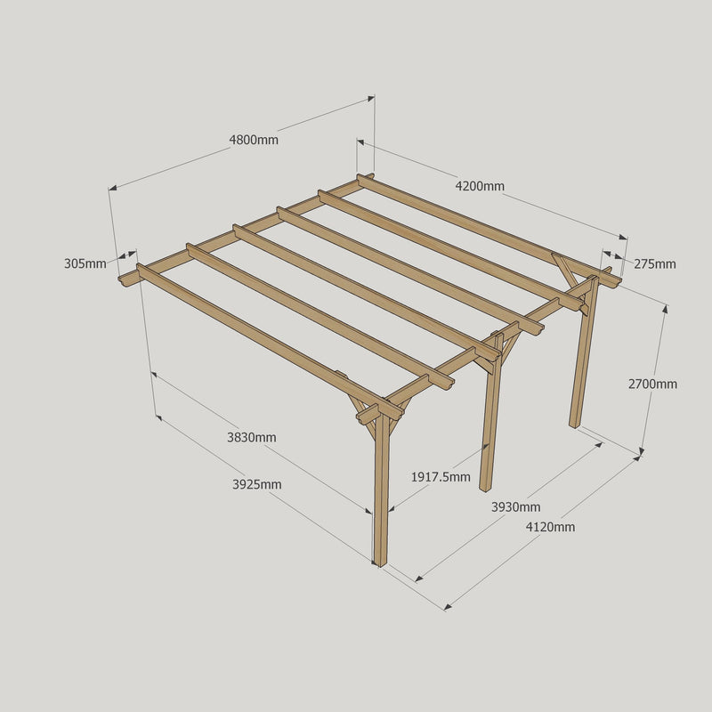 Wall Mounted Garden Pergola - Rustic Brown - 4.2m Depth x 4.8m Length