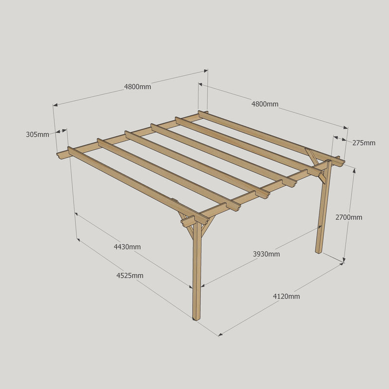 Wall Mounted Garden Pergola - Rustic Brown - 4.8m Depth x 4.8m Length