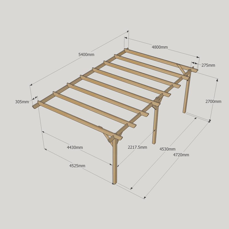 Wall Mounted Garden Pergola - Rustic Brown - 4.8m Depth x 5.4m Length