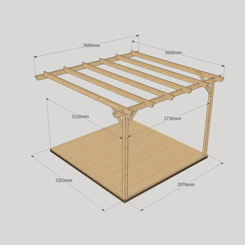 Wall Mounted Garden Pergola with Decking - Light Green - 3.6m Depth x 3.6m Length