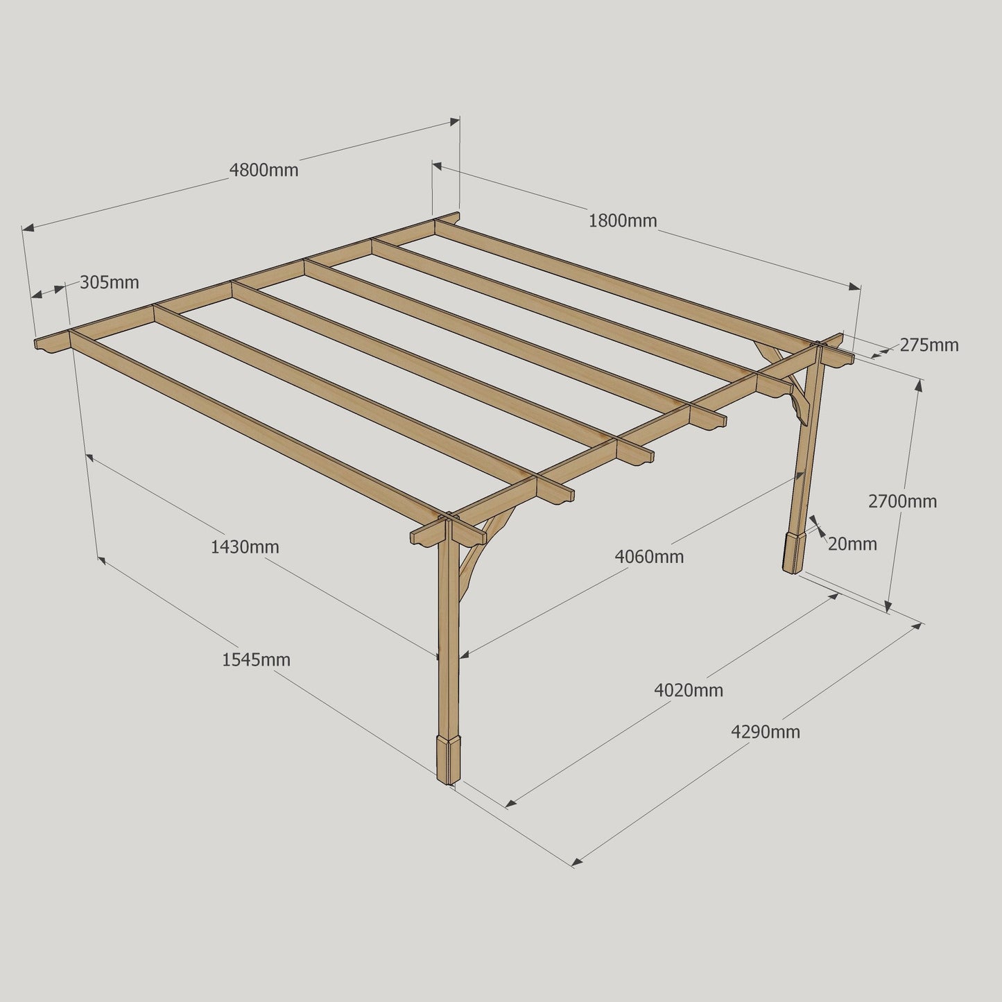 Wall Mounted Premium Pergola - Rustic Brown - 1.8m Depth x 4.8m Length