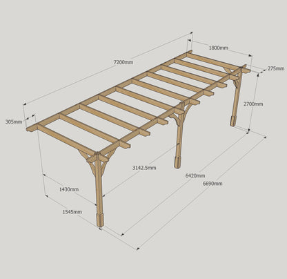 Wall Mounted Premium Pergola - Rustic Brown - 1.8m Depth x 7.2m Length