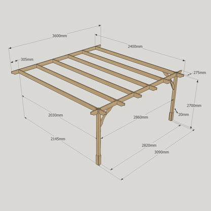 Wall Mounted Premium Pergola - Rustic Brown - 2.4m Depth x 3.6m Length