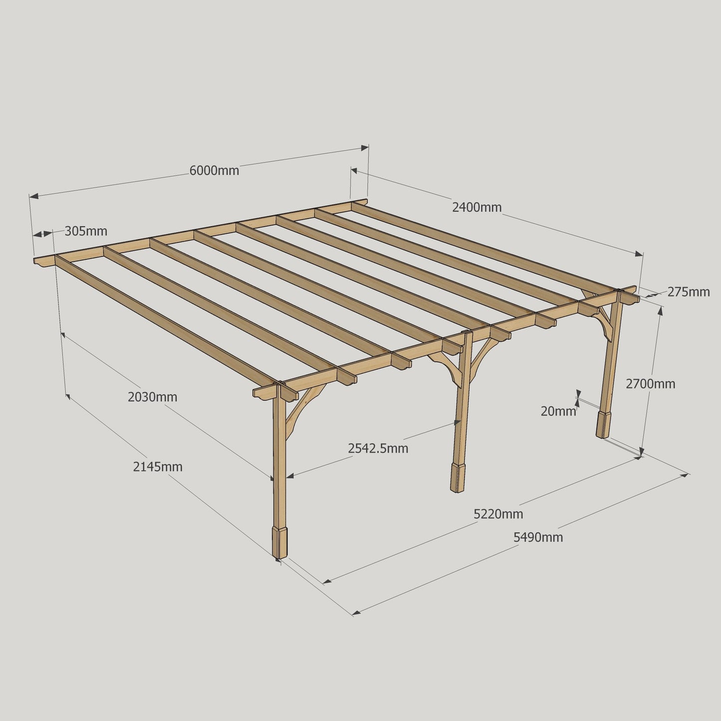 Wall Mounted Premium Pergola - Rustic Brown - 2.4m Depth x 6m Length