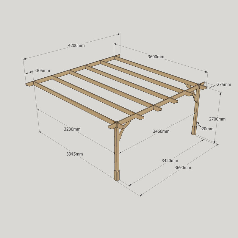 Wall Mounted Premium Pergola - Rustic Brown - 3.6m Depth x 4.2m Length
