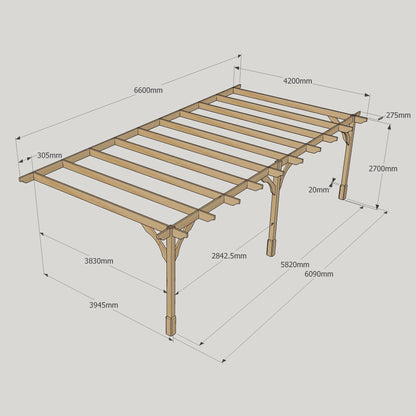 Wall Mounted Premium Pergola - Rustic Brown - 4.2m Depth x 6.6m Length