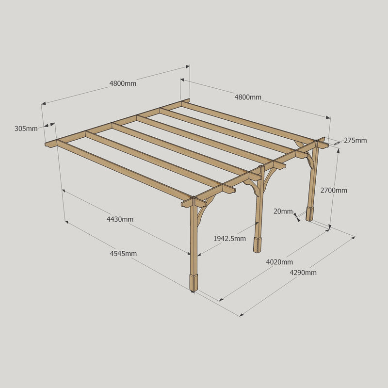 Wall Mounted Premium Pergola - Rustic Brown - 4.8m Depth x 4.8m Length