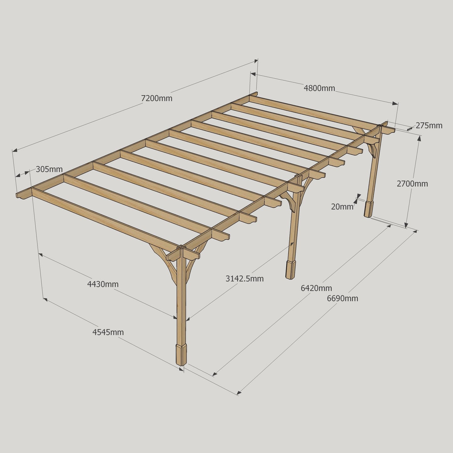 Wall Mounted Premium Pergola - Rustic Brown - 4.8m Depth x 7.2m Length
