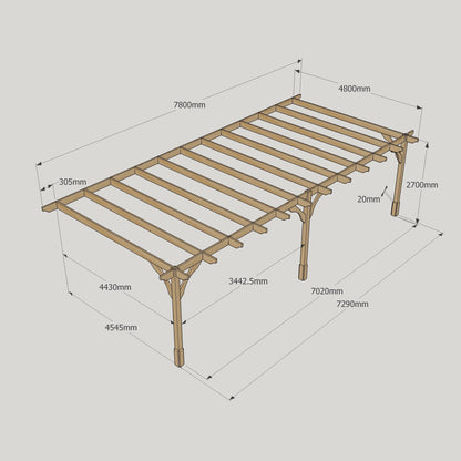 Wall Mounted Premium Pergola - Rustic Brown - 4.8m Depth x 7.8m Length