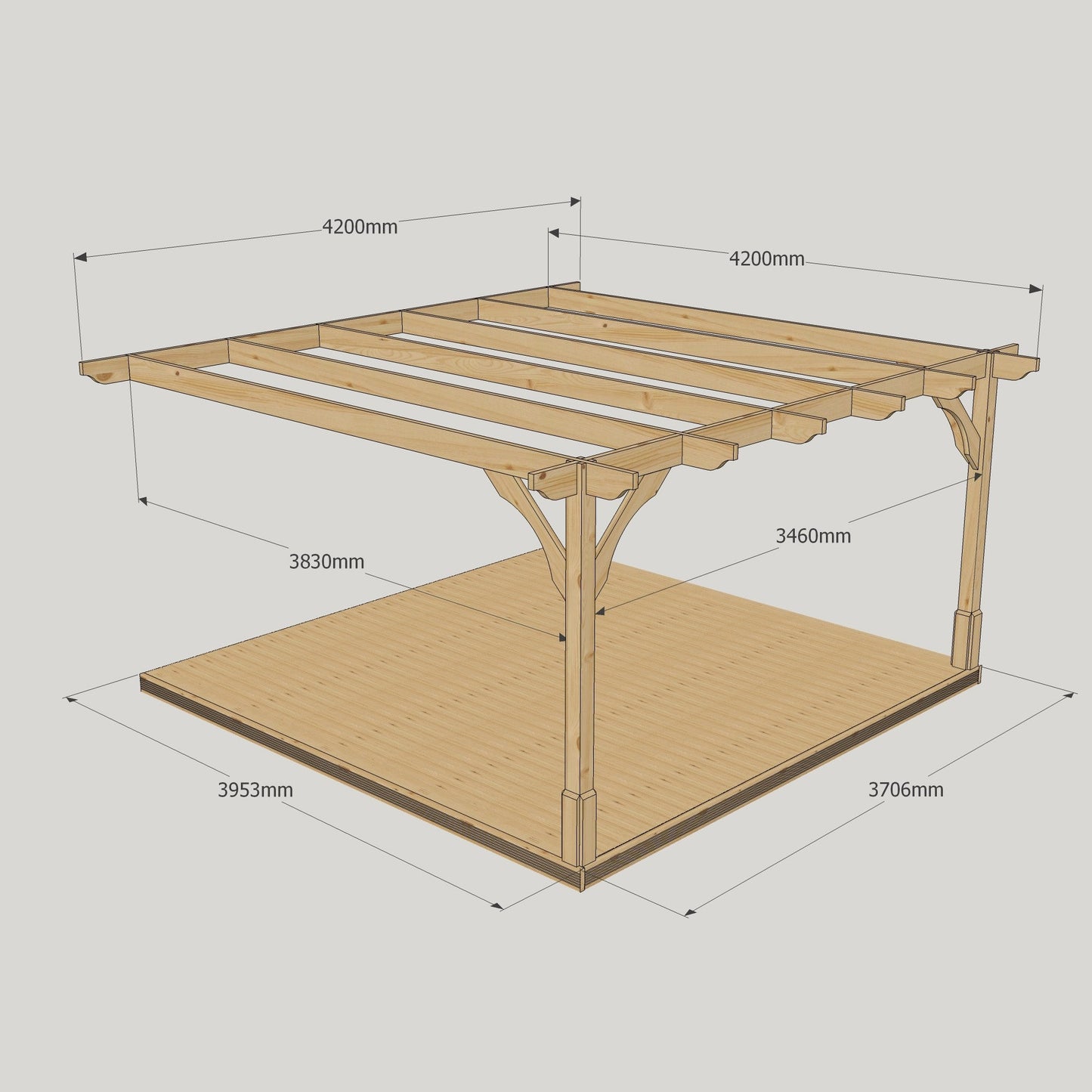 Wall Mounted Premium Pergola with Decking - Light Green - 4.2m Depth x 4.2m Length