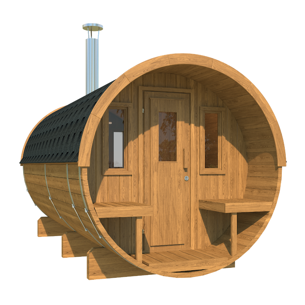Charnia 400 Pro 6 Person Outdoor Barrel Sauna with Terrace & Changing Room product exterior view