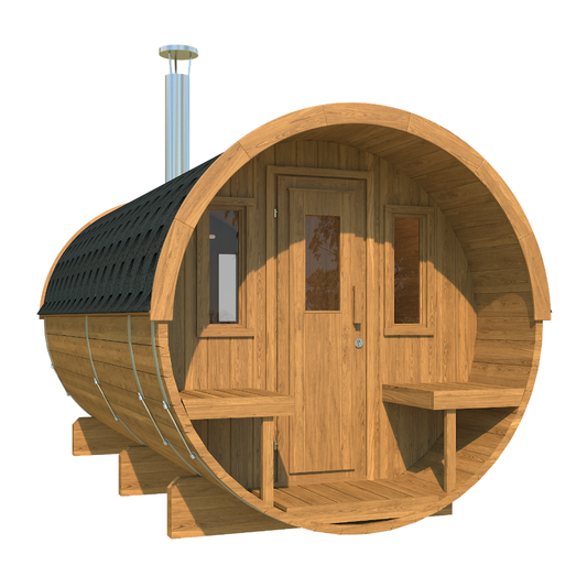 Charnia 400 Pro 6 Person Outdoor Barrel Sauna with Terrace & Changing Room product exterior view