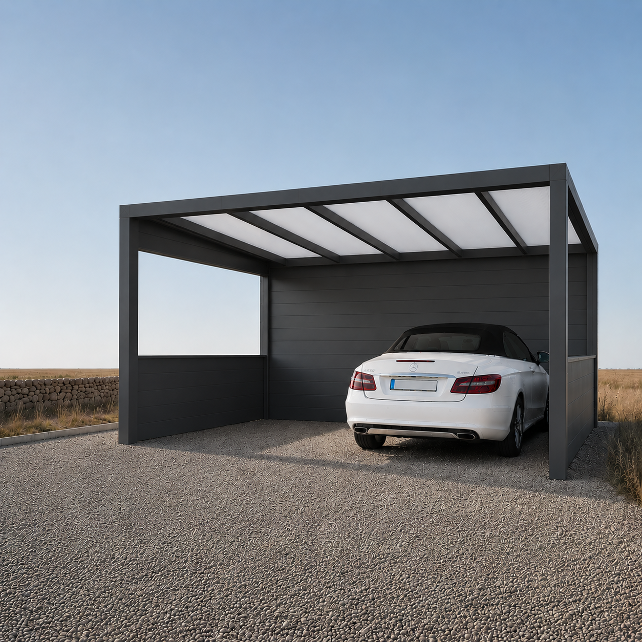 The Tetto freestanding aluminium carport in anthracite covering a vehicle, standalone on a driveway