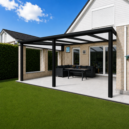 The Cascina veranda in black with polycarbonate roof on a contemporary home