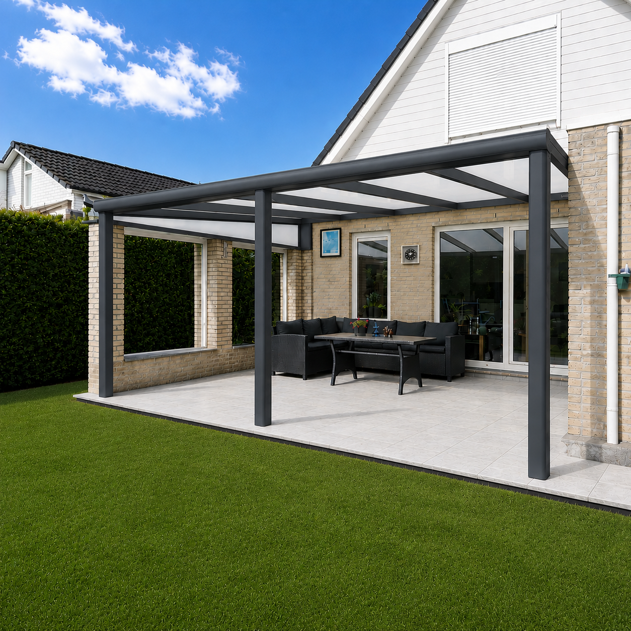 The Cascina veranda in anthracite on a grey render home, garden aspect