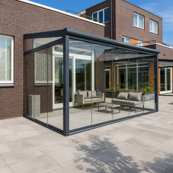 The Cascina modular aluminium veranda in anthracite, wall-mounted to a contemporary brick home