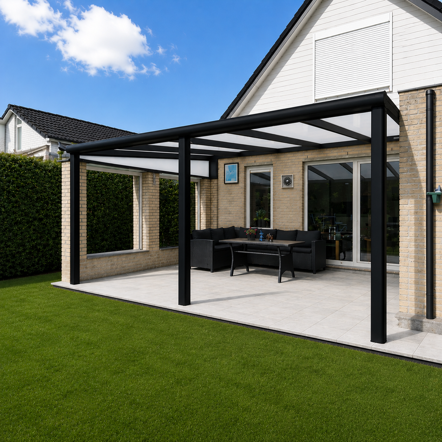 The Cascina veranda in anthracite, wall-mounted variant, front elevation view
