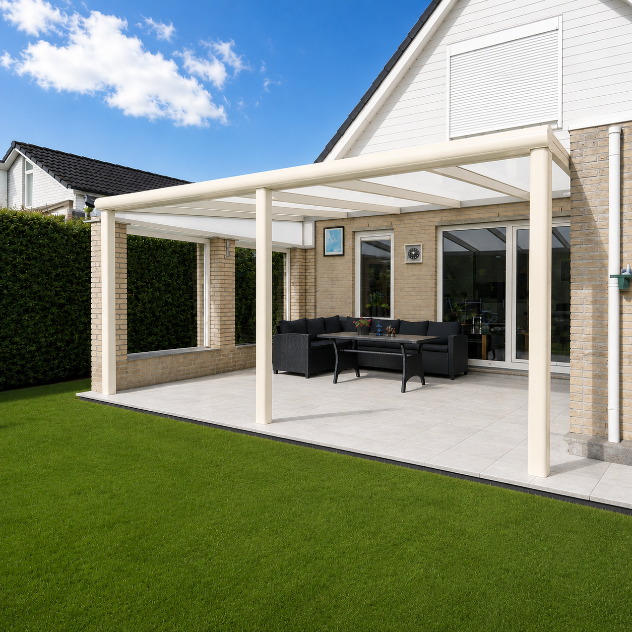 Cascina wall-mounted veranda in anthracite from garden, showing full span