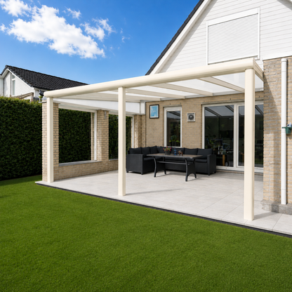Cascina wall-mounted veranda in anthracite from garden, showing full span