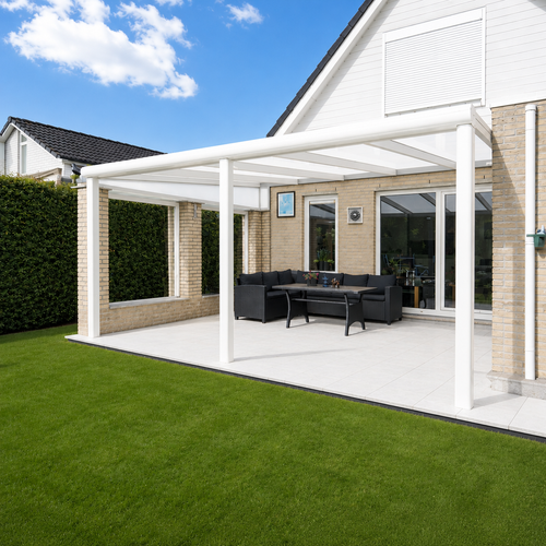 Cascina wall-mounted veranda in anthracite at dusk with LED strip active along beam