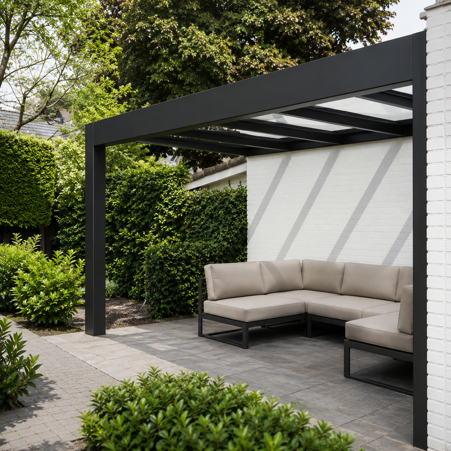 Trebbiano veranda in anthracite from the side showing low-height compatible profile