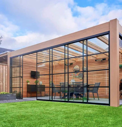 Steel look glass panel in anthracite installed across a veranda opening, full width