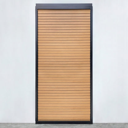 Roma Anta louvred sliding panel in anthracite with wood look slats on a veranda side