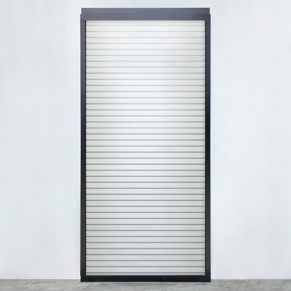 Louvred sliding door panel in anthracite with white slats, light and privacy controlled
