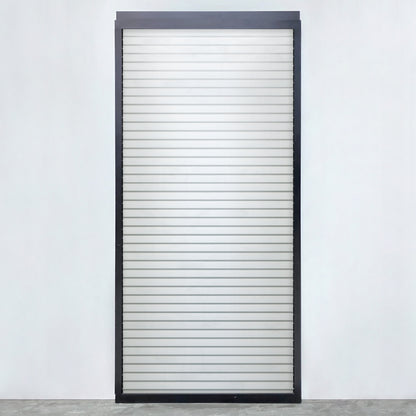 Louvred sliding door panel in anthracite with white slats, light and privacy controlled