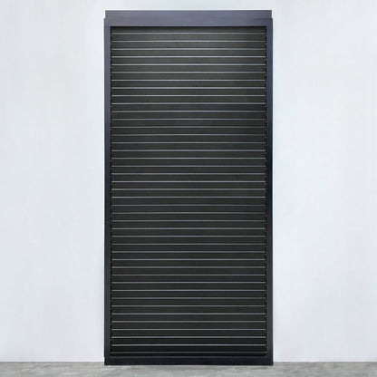 Louvred sliding door panel in anthracite with black slats, installed on a veranda side