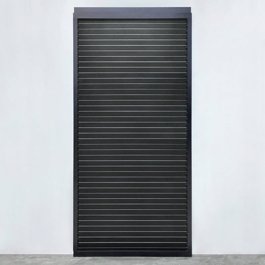 Louvred sliding door panel in anthracite with black slats, installed on a veranda side
