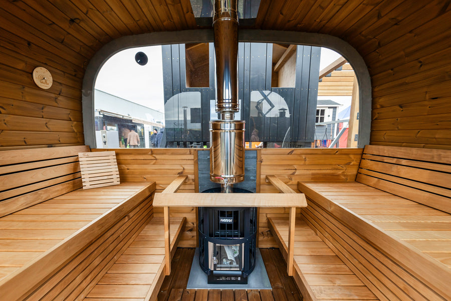 vista 240 deluxe thermowood with glass front 6 person outdoor cube sauna product exterior view — view 4