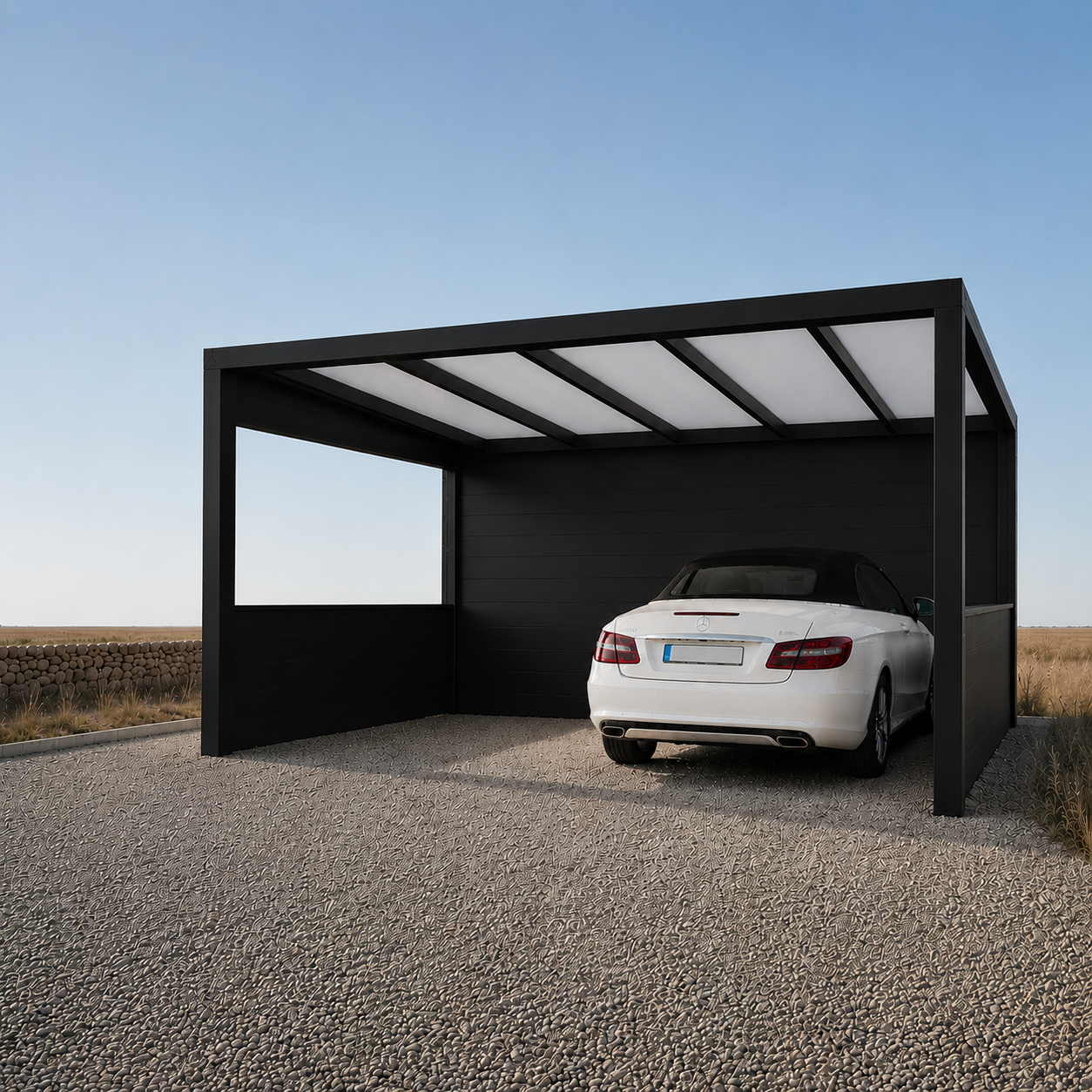 The Tetto freestanding carport in black from the side showing beam and roof profile