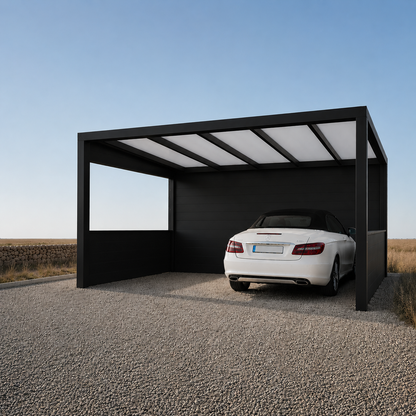 The Tetto freestanding carport in black from the side showing beam and roof profile