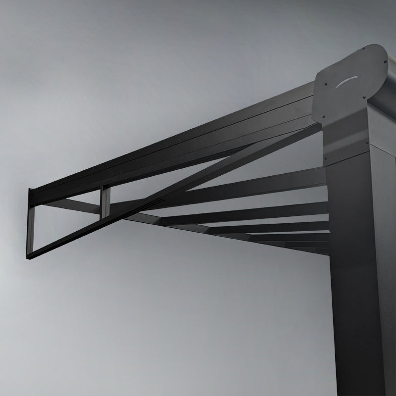 Glass veranda gable panel in black frame close-up of safety glass and frame edge