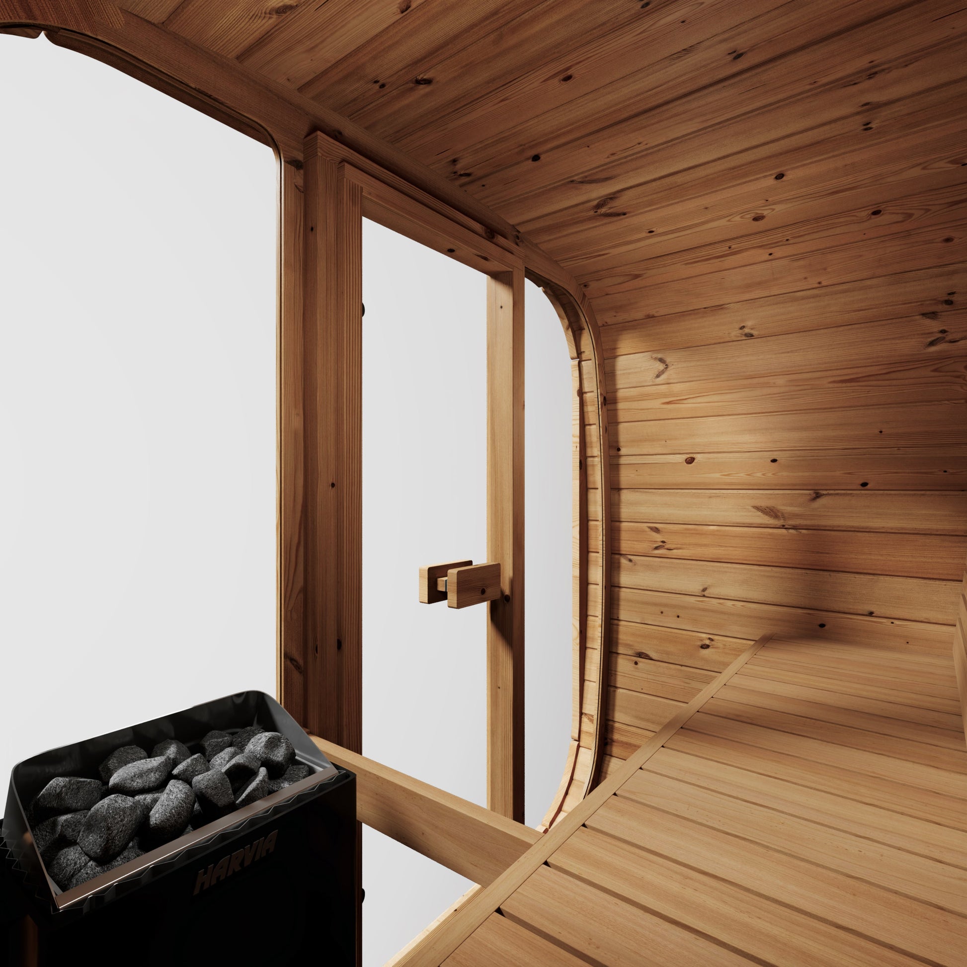 beacon 125 mini deluxe thermowood with glass front 2 person outdoor cube sauna product exterior view — view 3