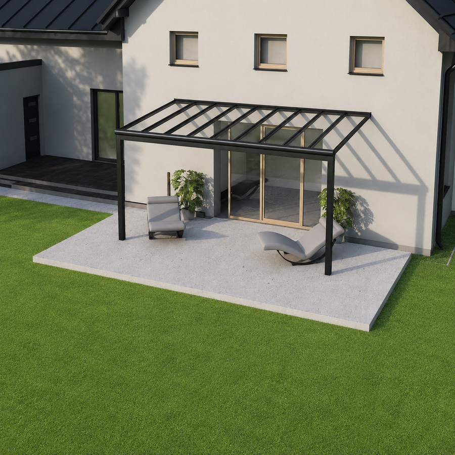 Aluminium Veranda | Deponti Pigato | Glass Roof | Steel-Reinforced Gutter | Custom Post & Gutter Styles